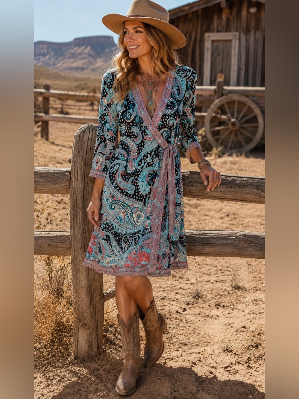 BCBG MaxAzria Adele 3/4 Sleeve Wrap Dress Paisley Boho Western Resort Career, M - Picture 16 of 16